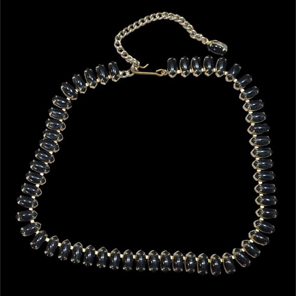 Vintage 60s Gothic Black Marquis Gemmed Necklace In Silver Tone Bezels - Picture 2 of 5